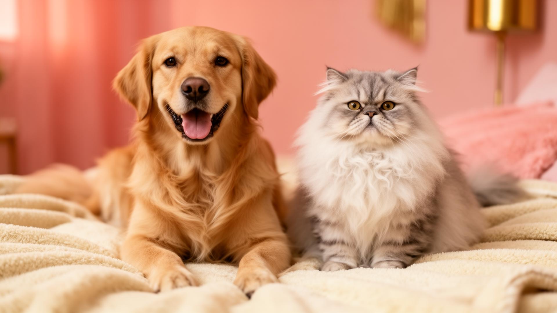 Un golden retriever et un chat persan côte à côte
